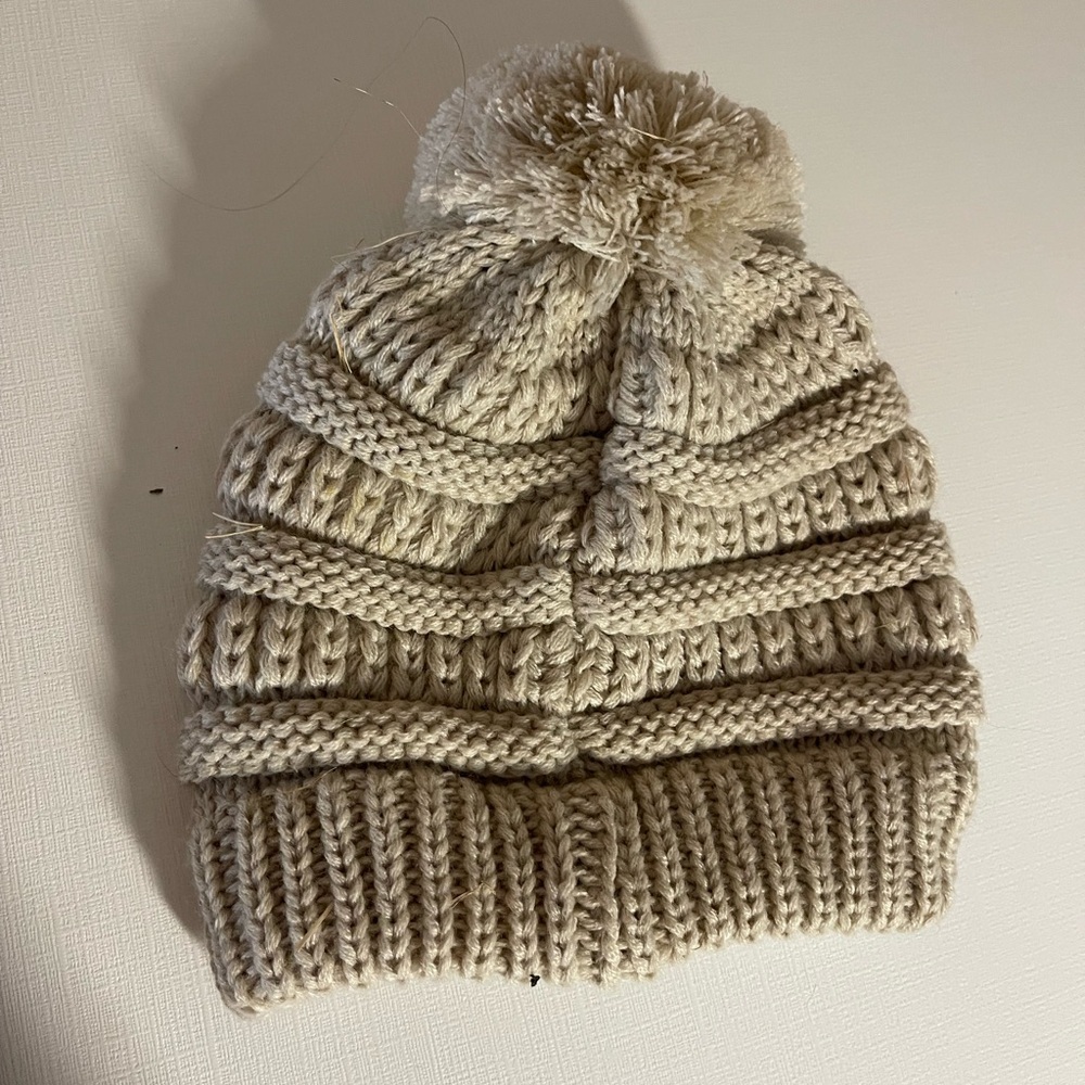C.C Tan Knit toddler Pom-Pom Beanie - Picture 2 of 3